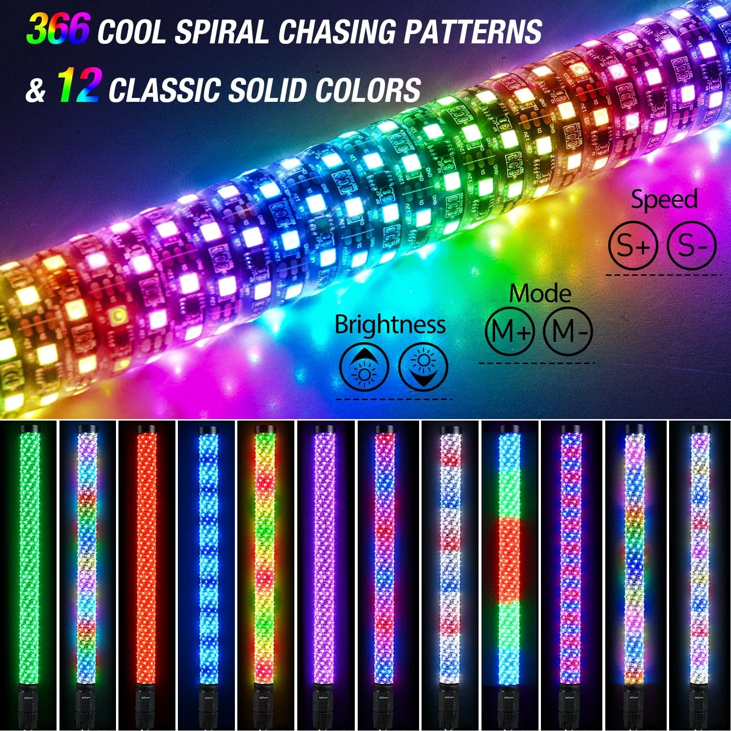 1Pc 3FT Spiral Antenna Bluetooth Remote App Control Led Fat Whip Light