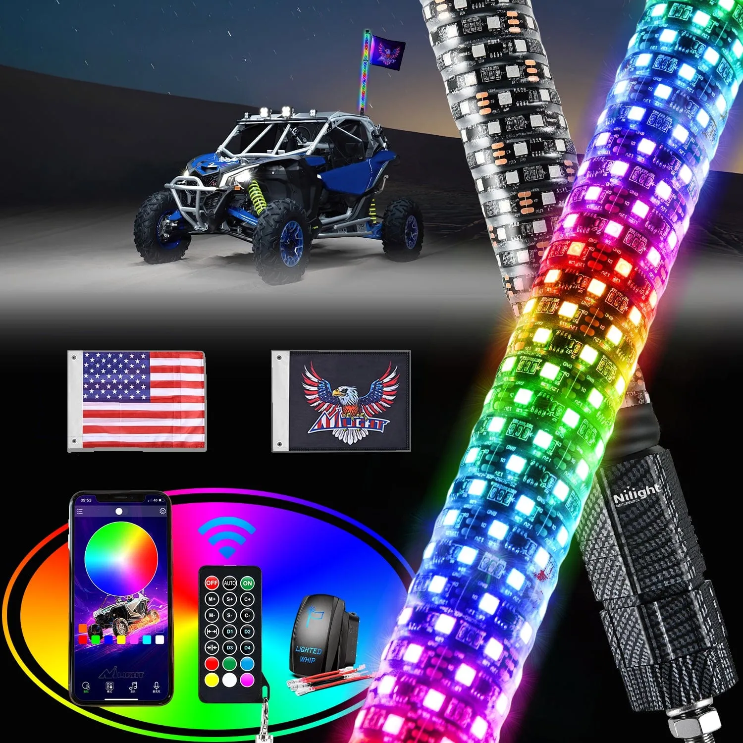 1Pc 3FT Spiral Antenna Bluetooth Remote App Control Led Fat Whip Light