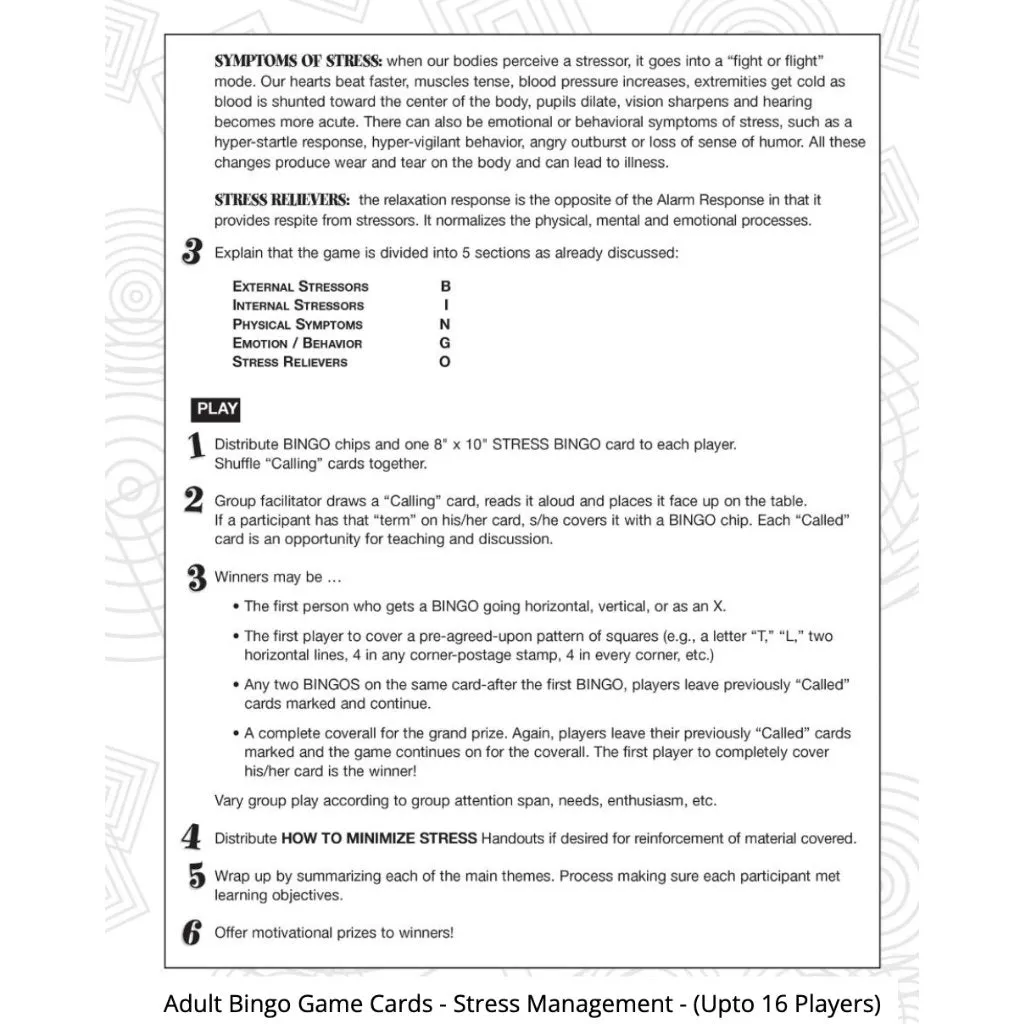 Adult Bingo Game Cards - Stress Management