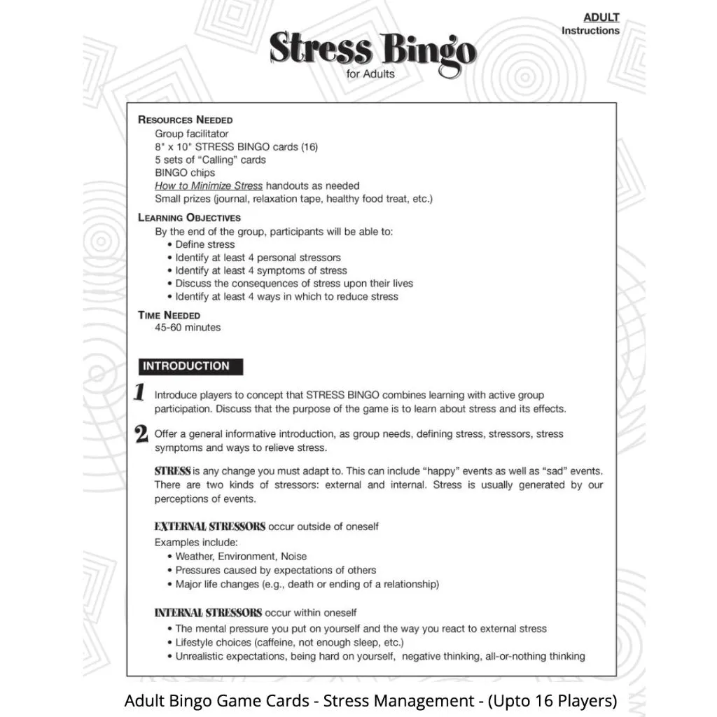Adult Bingo Game Cards - Stress Management