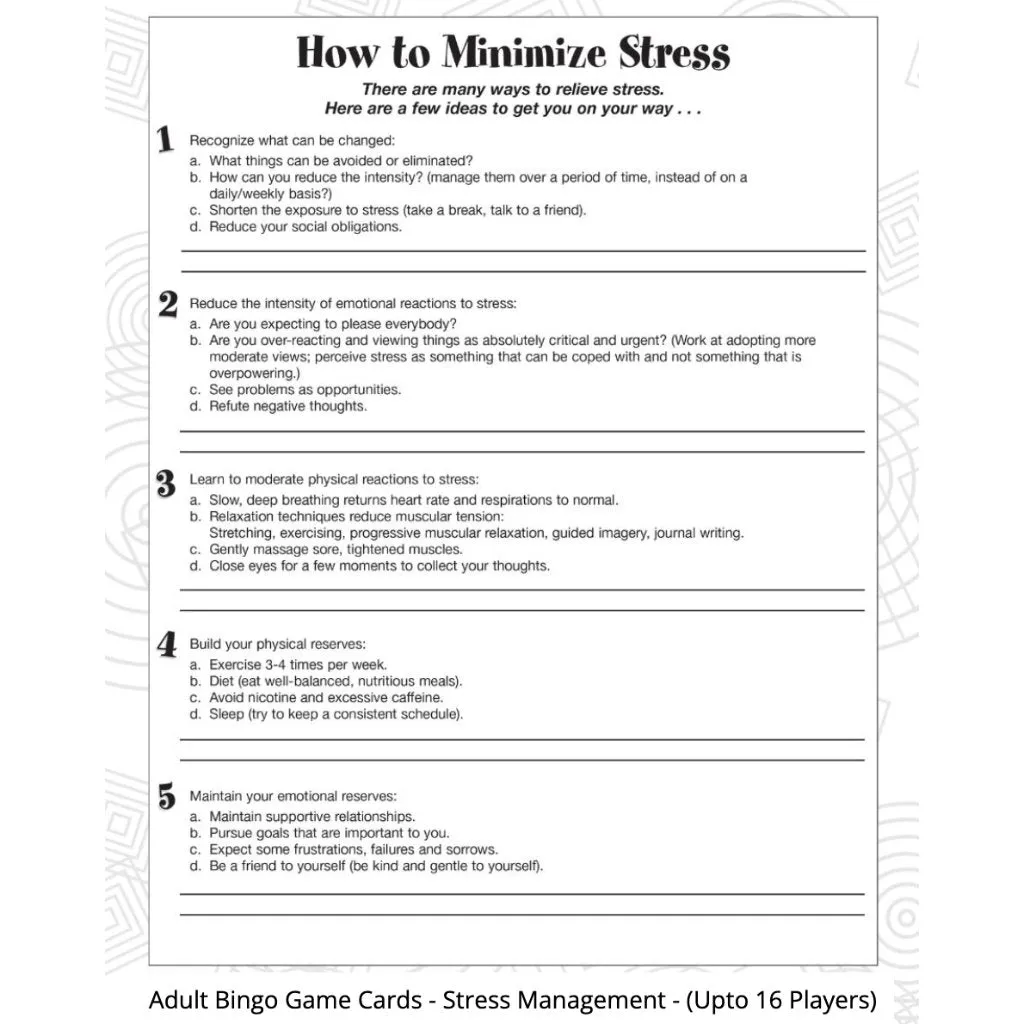 Adult Bingo Game Cards - Stress Management