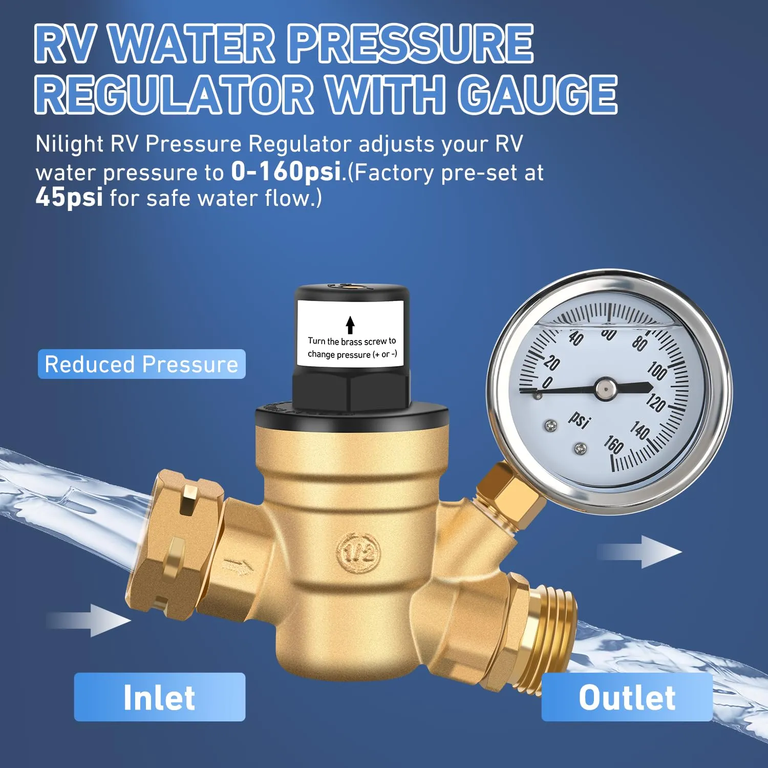 RV Water Pressure Regulator Screwdriver Adjustable Oil Filled Gauge
