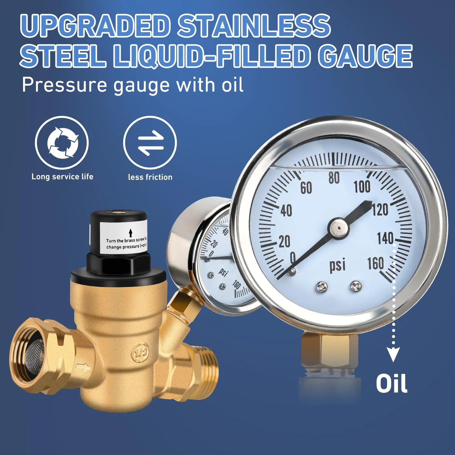 RV Water Pressure Regulator Screwdriver Adjustable Oil Filled Gauge