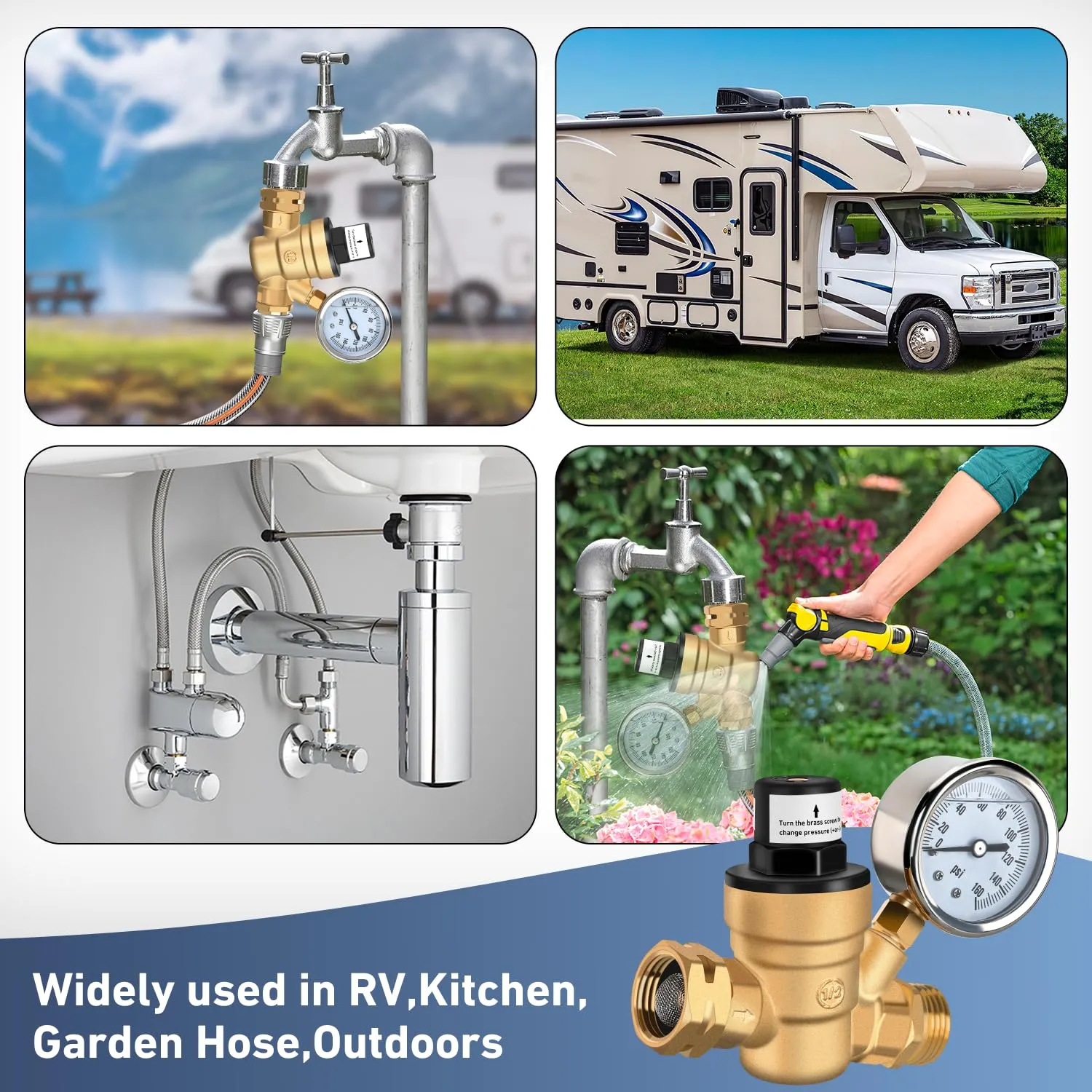 RV Water Pressure Regulator Screwdriver Adjustable Oil Filled Gauge