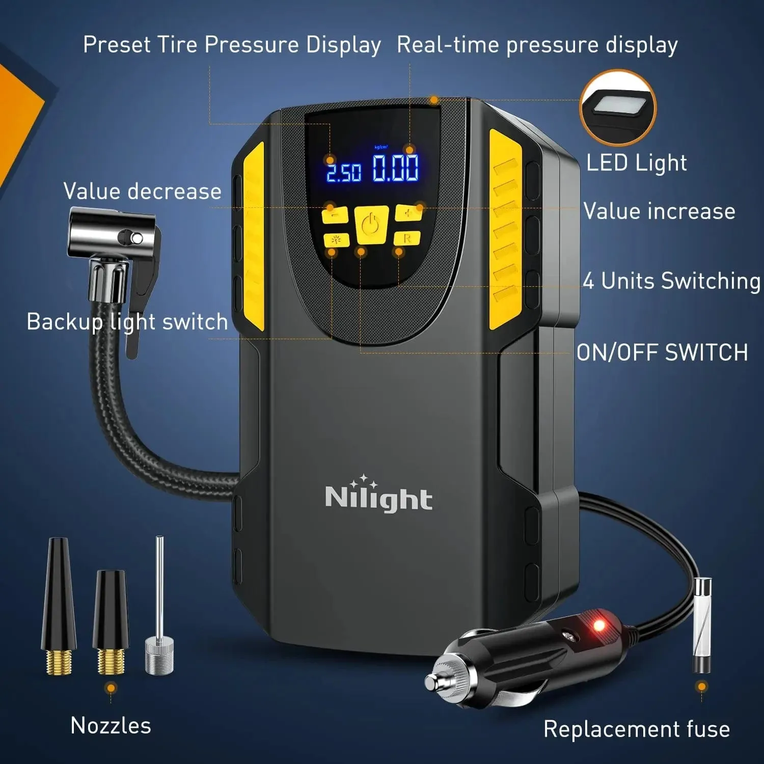 Tire Inflator Air Compressor Pump Auto-Shut Off